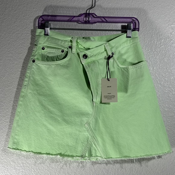 Agolde Dresses & Skirts - AGOLDE Criss Cross High Rise Denim Mini skirt 27 Lime Green $265 Made in USA